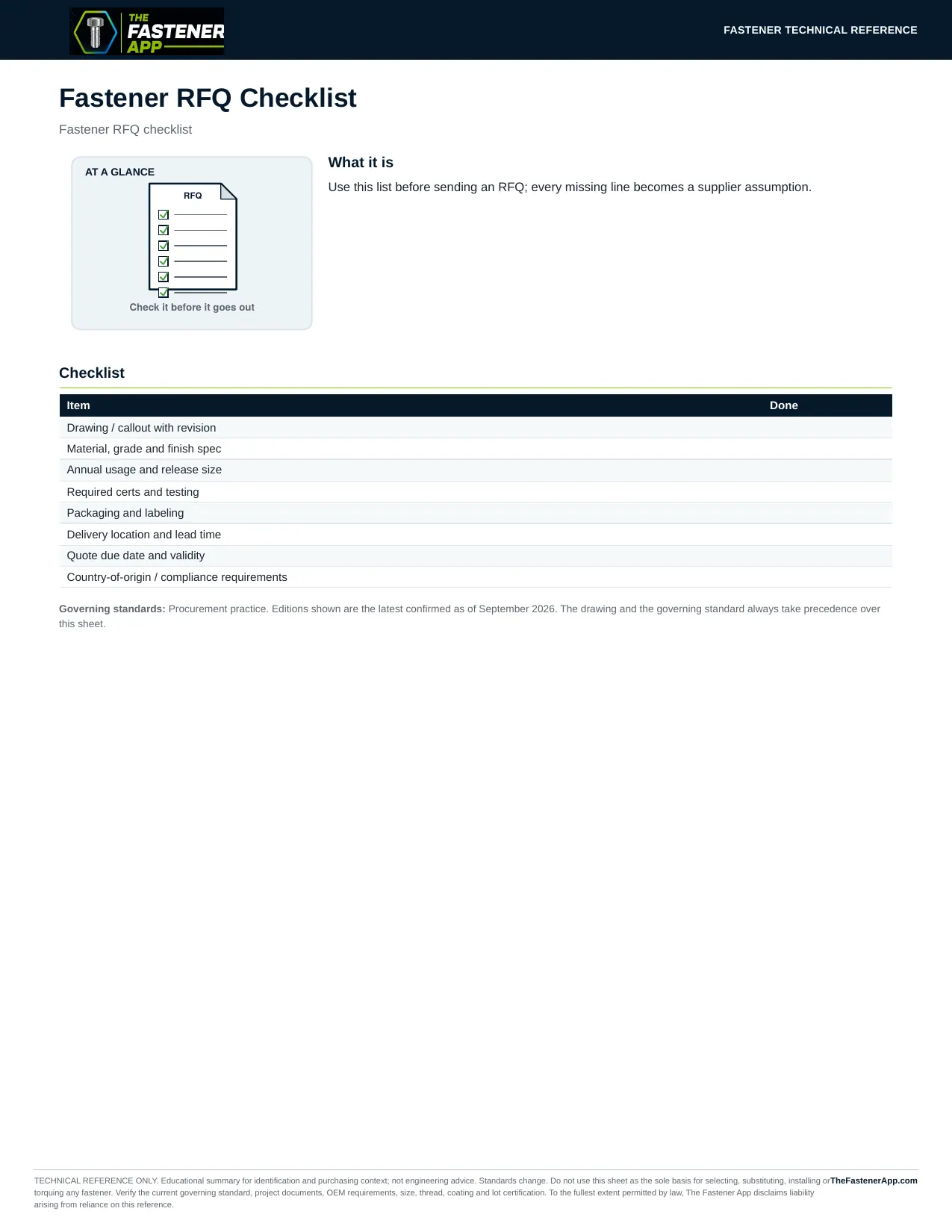 Fastener RFQ Checklist