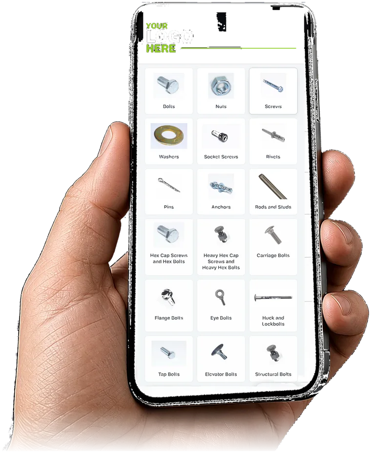 A fastener catalog open on a phone under your own logo