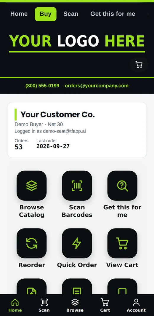 The app on a phone: your logo, the customer's account and one-tap buttons for browse, scan, reorder and quotes