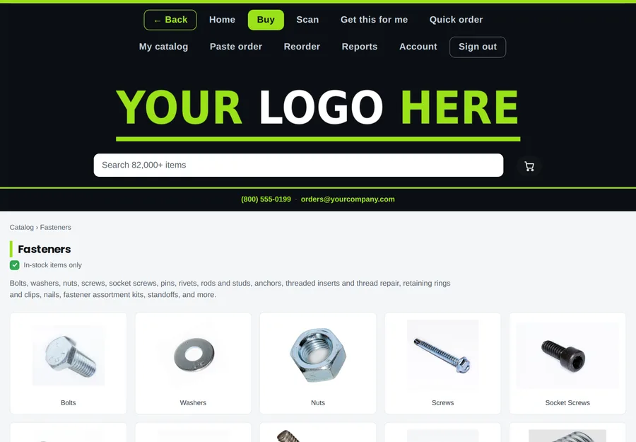 The store on a tablet: your logo over the fastener catalog with real product photos